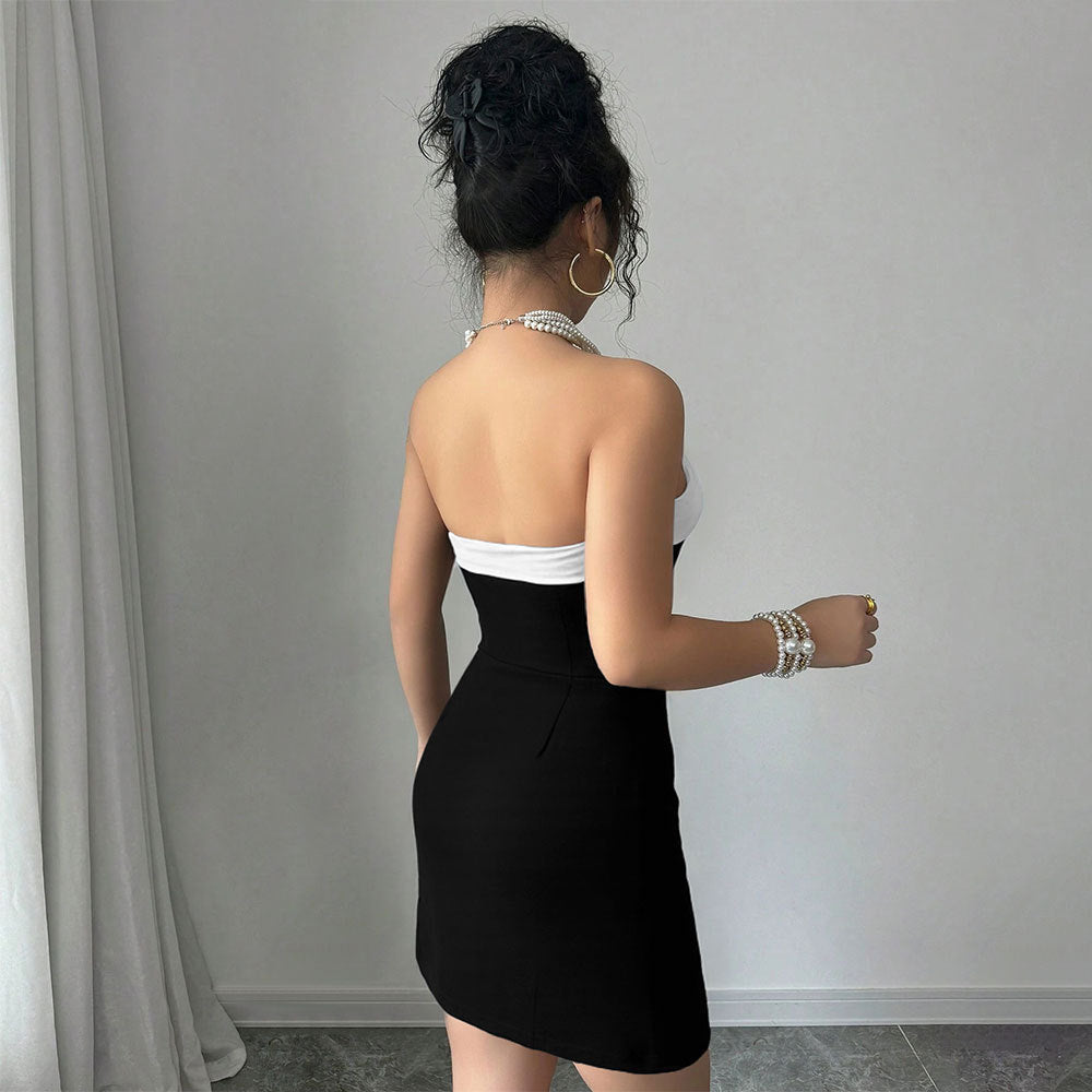 Socialite Style Dress Summer One-shoulder Bustier Color-blocked Mini Skirt