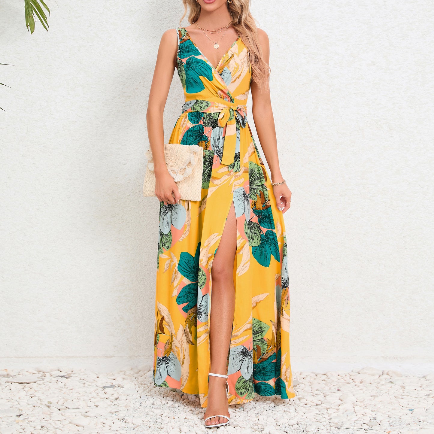 Robe longue à imprimé floral et col en V, mode estivale, taille nouée, fente, sans manches, vêtements pour femmes