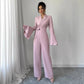 Elegant Solid-color Long-sleeve Flared-sleeve Wide-leg Jumpsuit