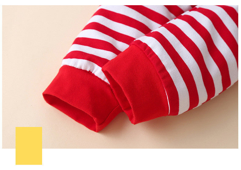 Christmas Print Striped Romper With Hat Three-piece Suit