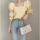 Gentle Temperament Square Neck Leaking Collarbone Puff Sleeve Chiffon Half Sleeve Top
