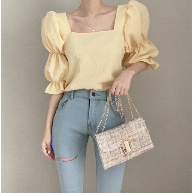 Gentle Temperament Square Neck Leaking Collarbone Puff Sleeve Chiffon Half Sleeve Top