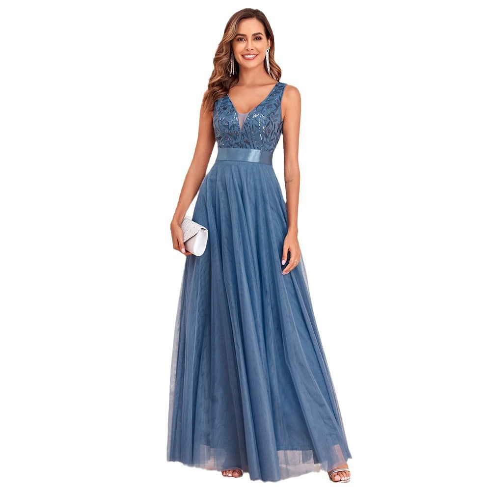 Robe de soirée patchwork extensible sans manches à double col en V