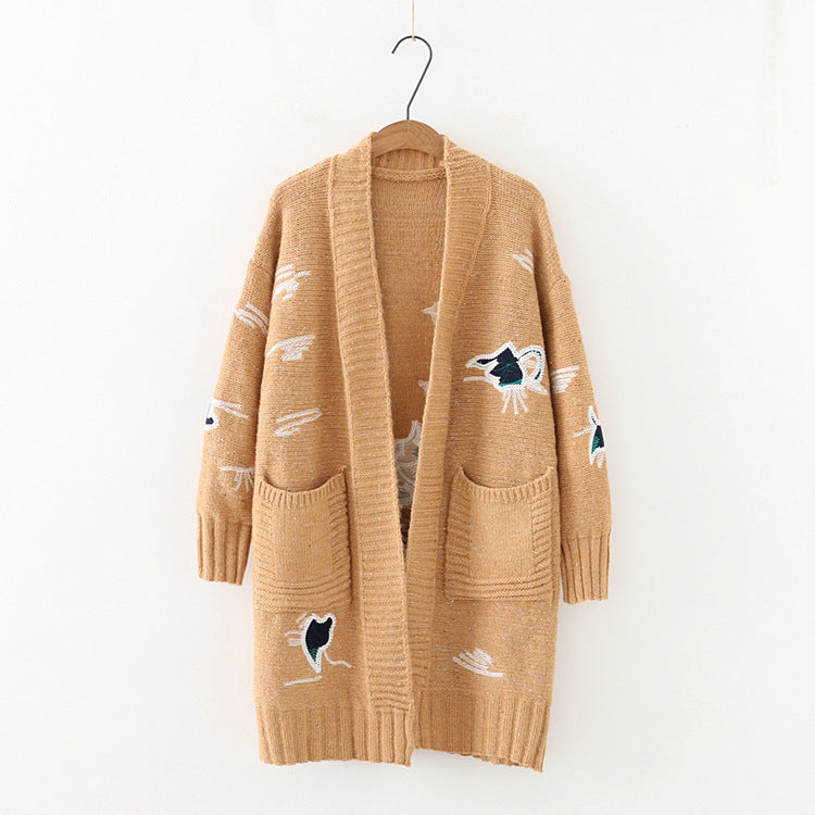 Large Size Embroidery Knitted Long Cardigan Casual Loose Jacket