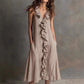 Solid-color Sleeveless Cotton-Linen V-Neck Maxi Dress With Ruffled Hem