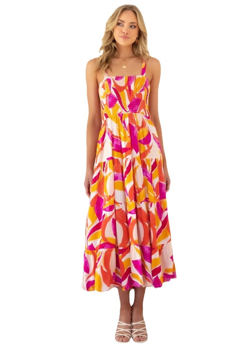 Spaghetti-strap Floral Print Pleated Dress