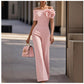 Womens Off-the-Shoulder 3D Floral Patchwork Wide-Leg Jumpsuit