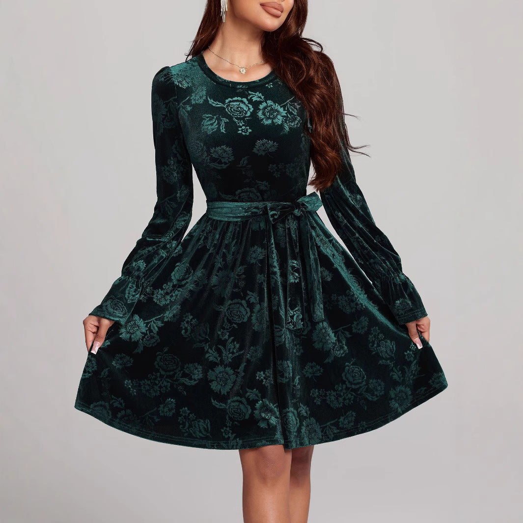 Women's Casual Long-sleeve Printed Velvet Dress