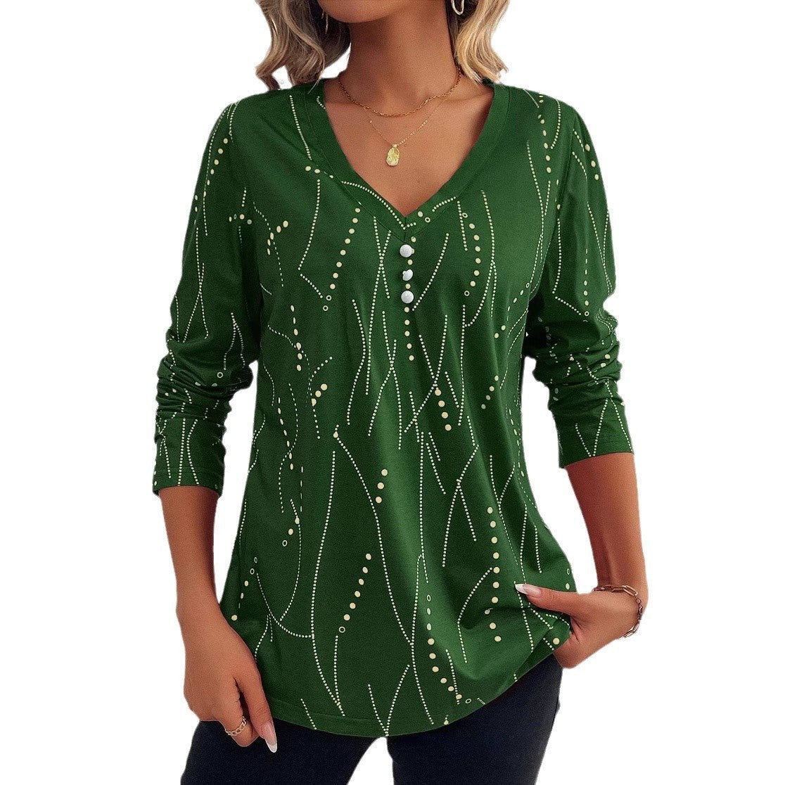 Casual Button Geometric Printed Long-sleeved T-shirt