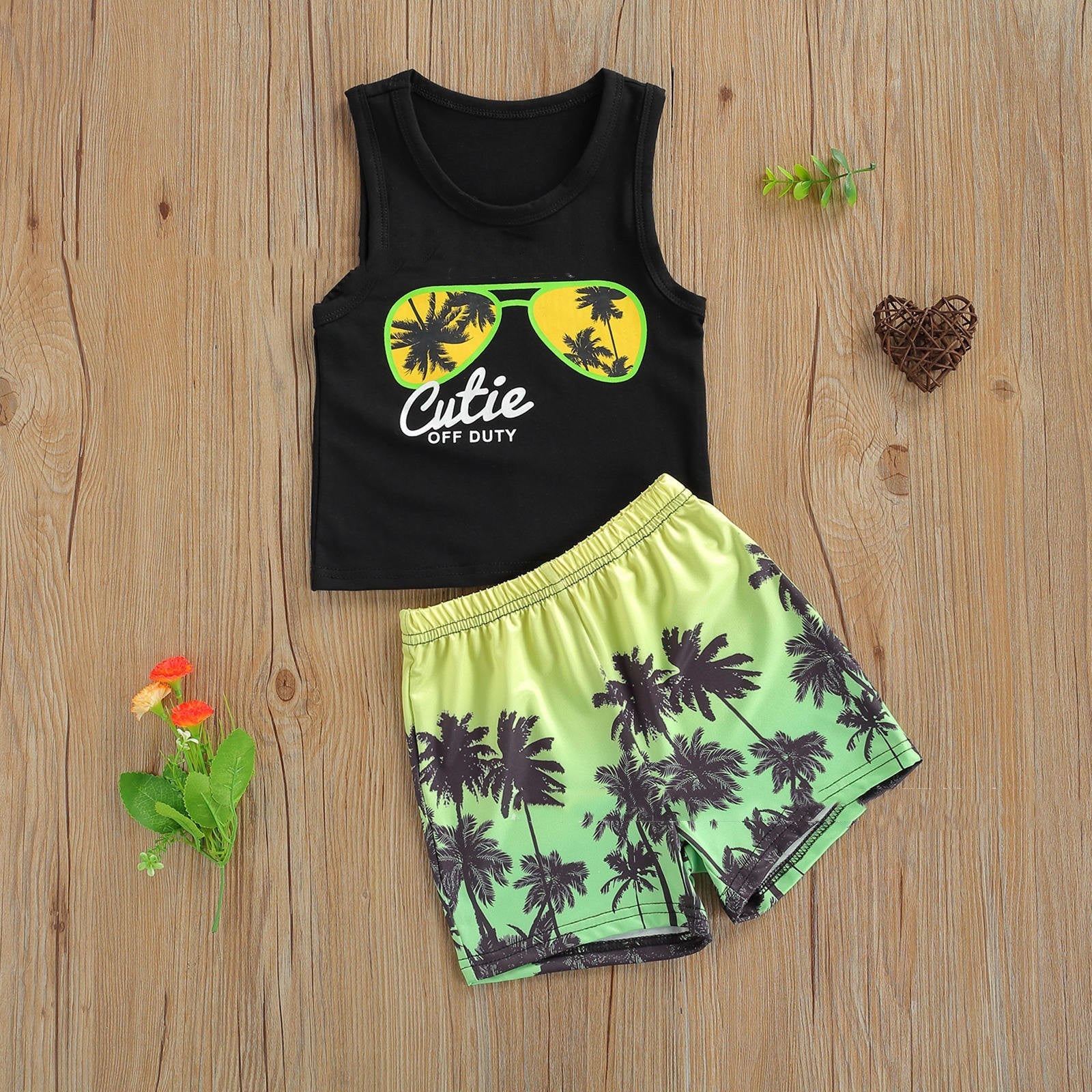 Boys Beach Style Glasses Palm Tree Print Vest Shorts Set