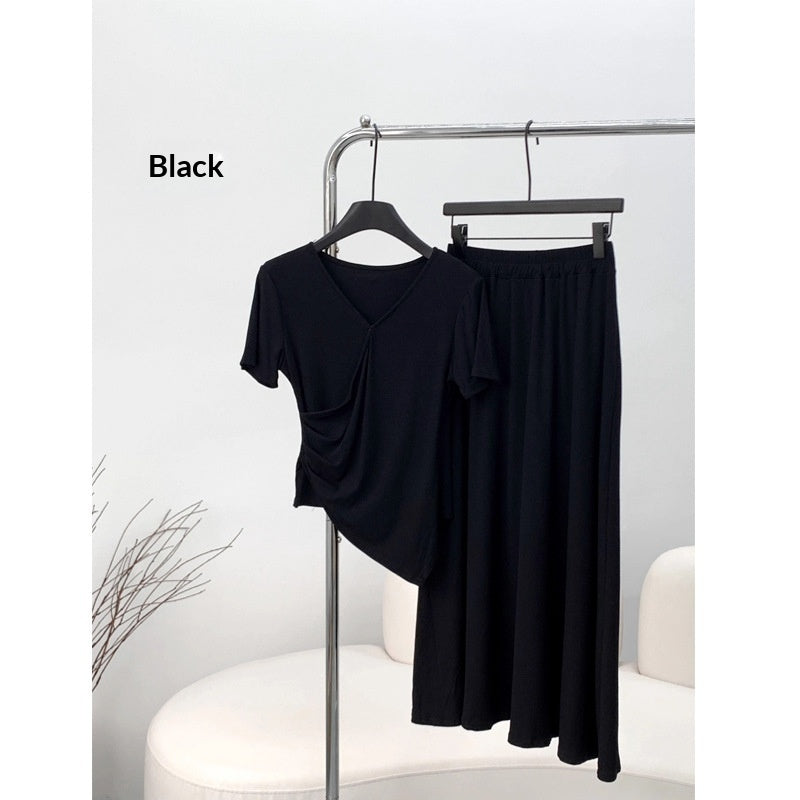 Short-sleeve Top And Drapey Skirt Two-piece Set