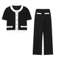 Contrast Color Beaded Leather Round Neck Top Stretch High-waisted Trousers Suit