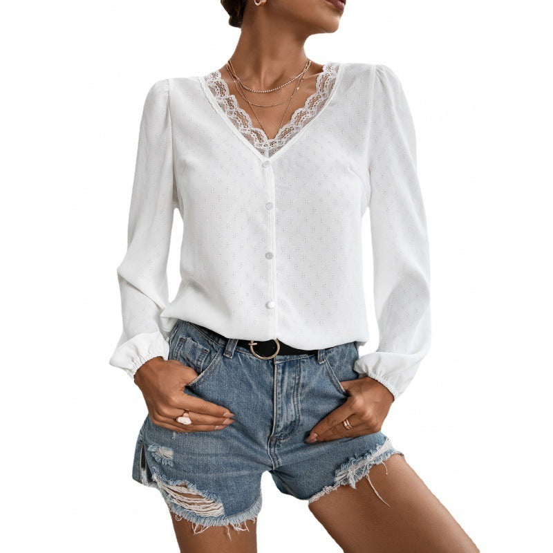 Eyelash Lace Stitching V-neck Pullover Lace Long-sleeved Shirt