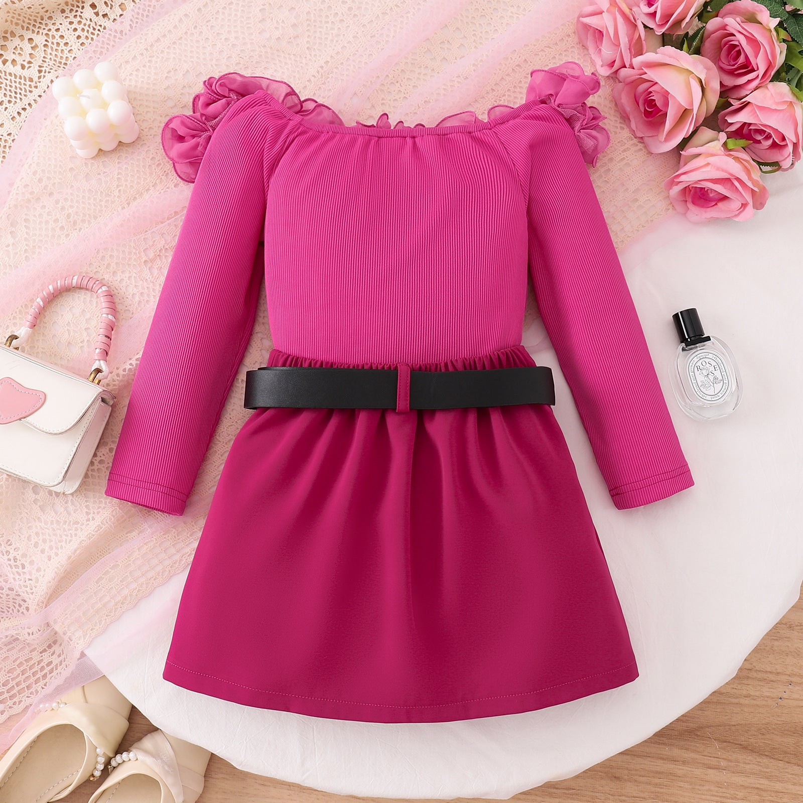 Long-sleeved T-shirt Solid Color Skirt Belt Three-piece Set