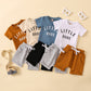 Round Neck Letter Print Short-sleeved Top Solid Color Shorts Two-piece Set
