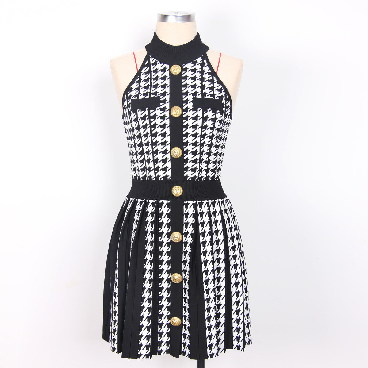 Halter Sleeveless Vest Pleated Houndstooth Short Knitted Dress