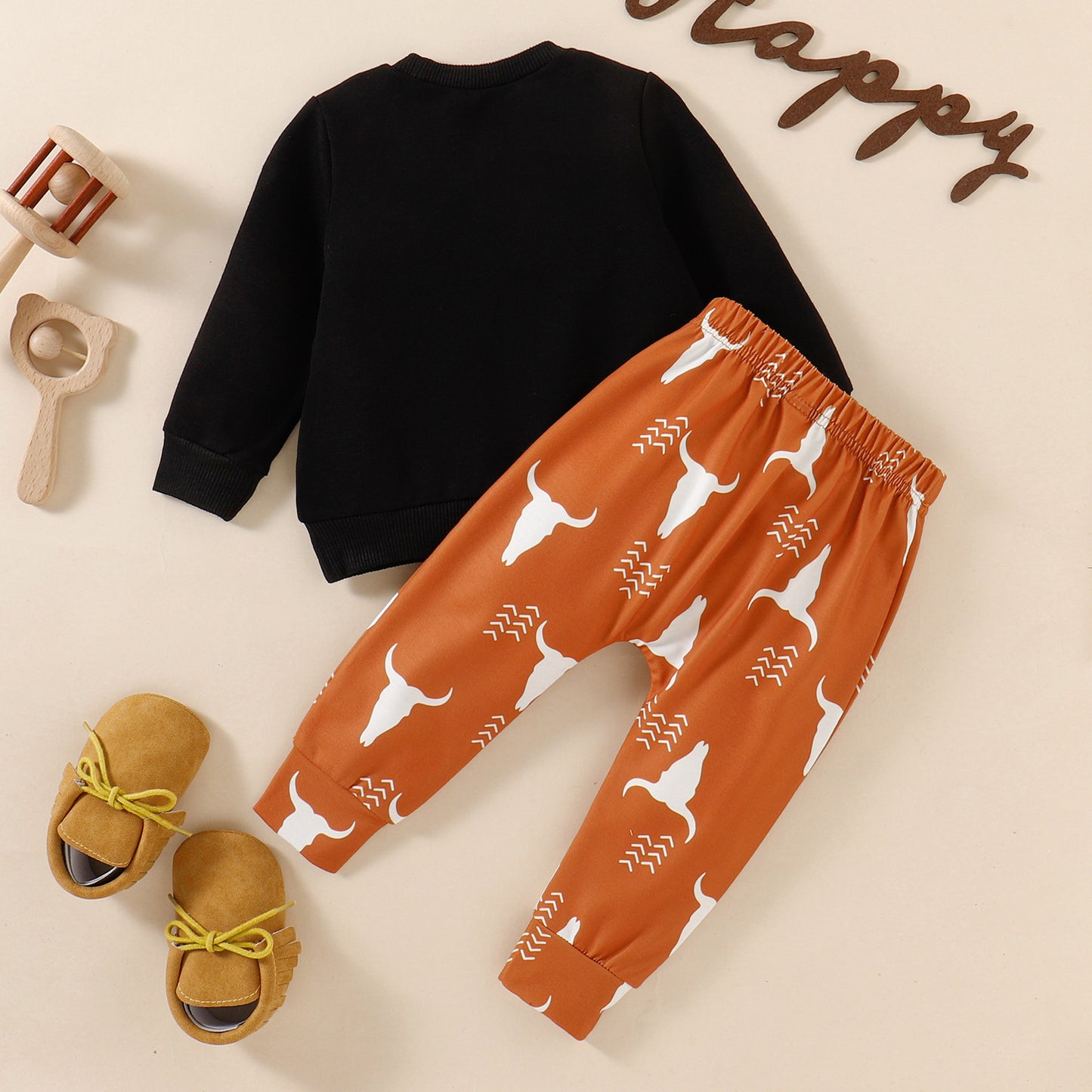 Children's Autumn Cow Head Letter Print Pullover Sweater And Trousers Suit