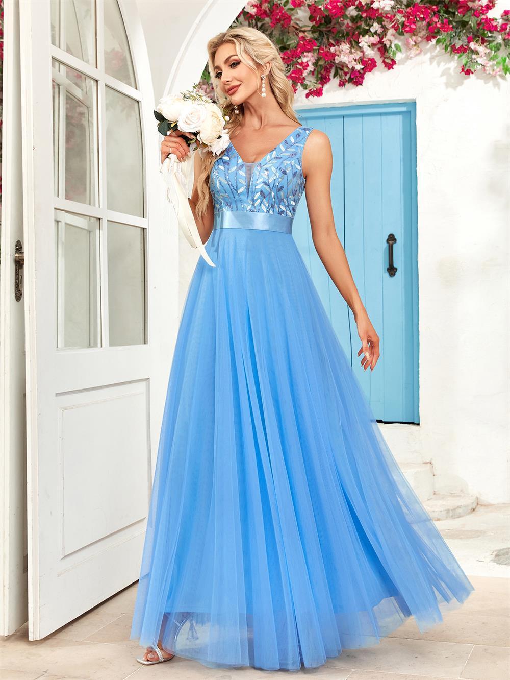 Robe de soirée patchwork extensible sans manches à double col en V