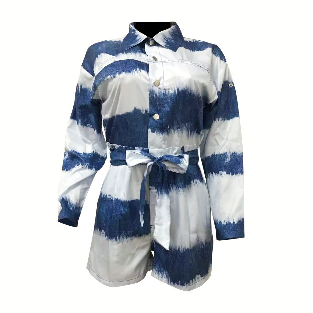 Combinaison décontractée à manches courtes et tie-dye pour femme