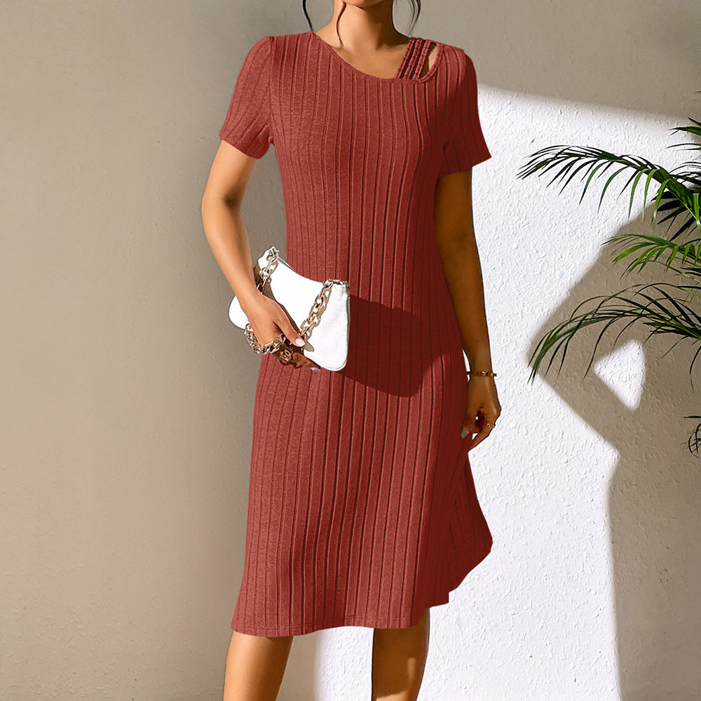 Cross Border Women's Solid Color Slit Slim Fit Hip Short Sleeve Dress