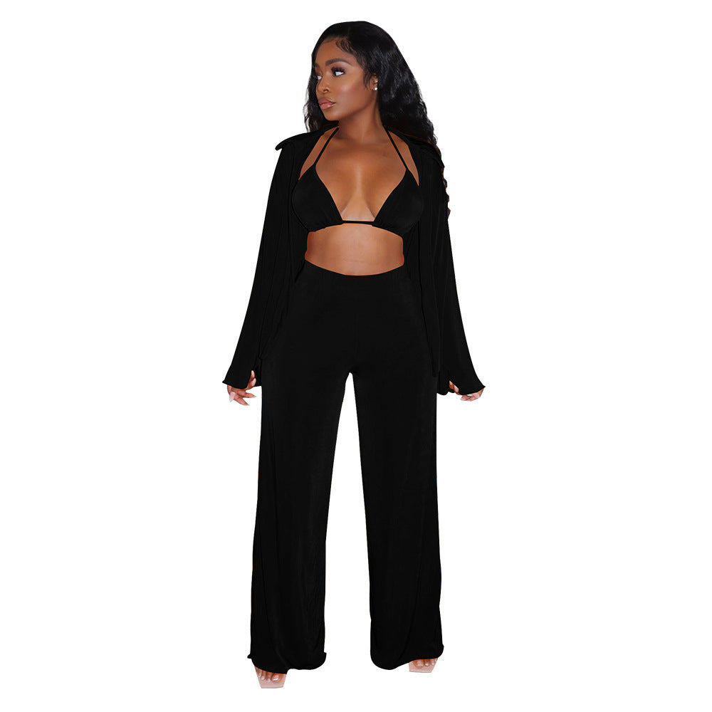 Ensemble bikini décontracté à manches longues et pantalon large pour femme
