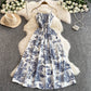 Womens Retro Chiffon Printed Backless Slip Dress