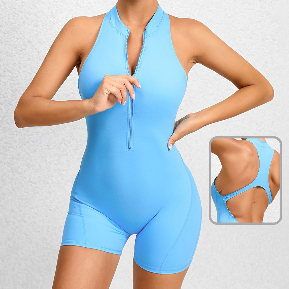 Combinaison short de yoga zippée sans manches pour femme, effet gainant, extensible, effet gainant, pour le sport et le levage des fesses