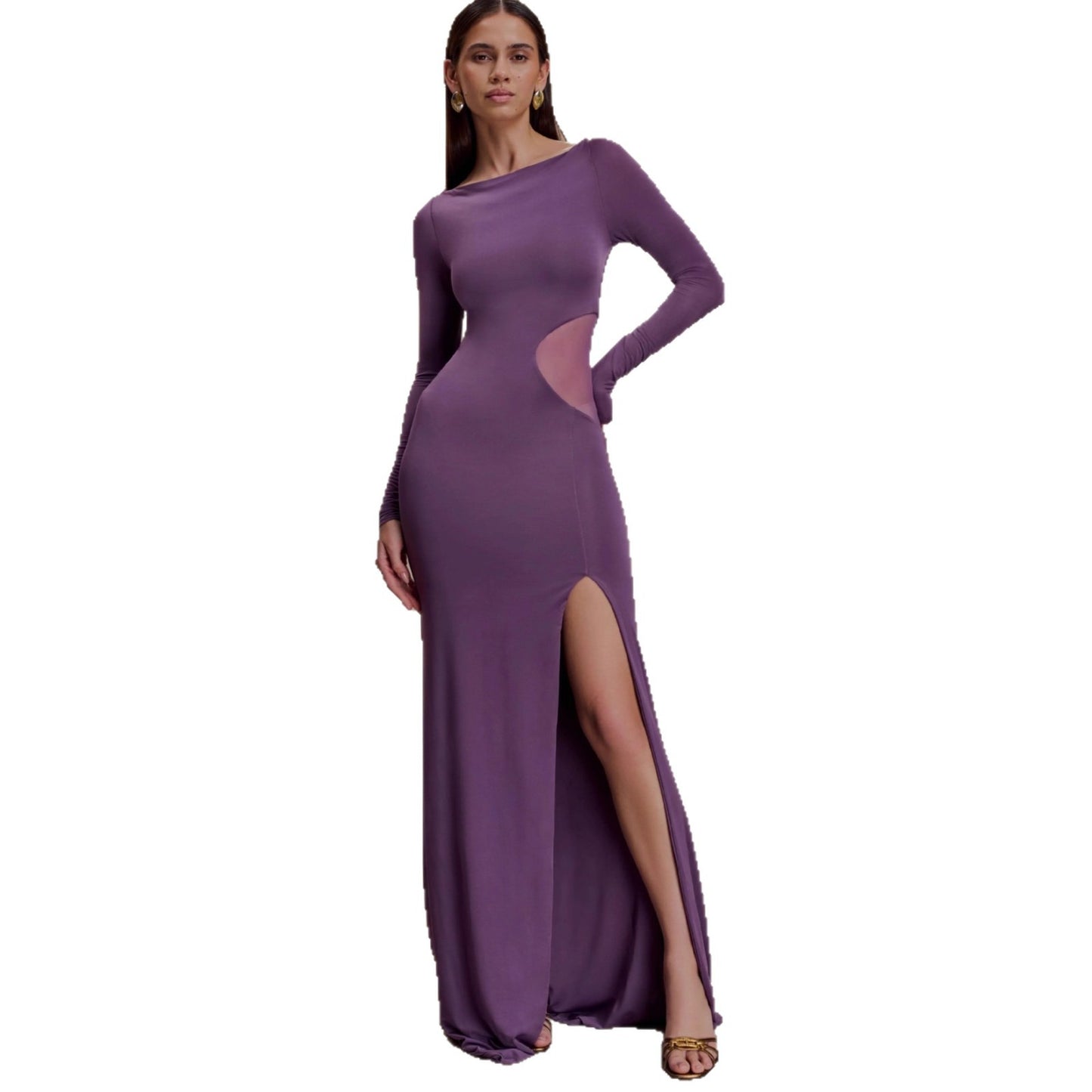 Womens Long Sleeve Off Shoulder Slit Maxi Dress With Hollow Out And Sheer Details