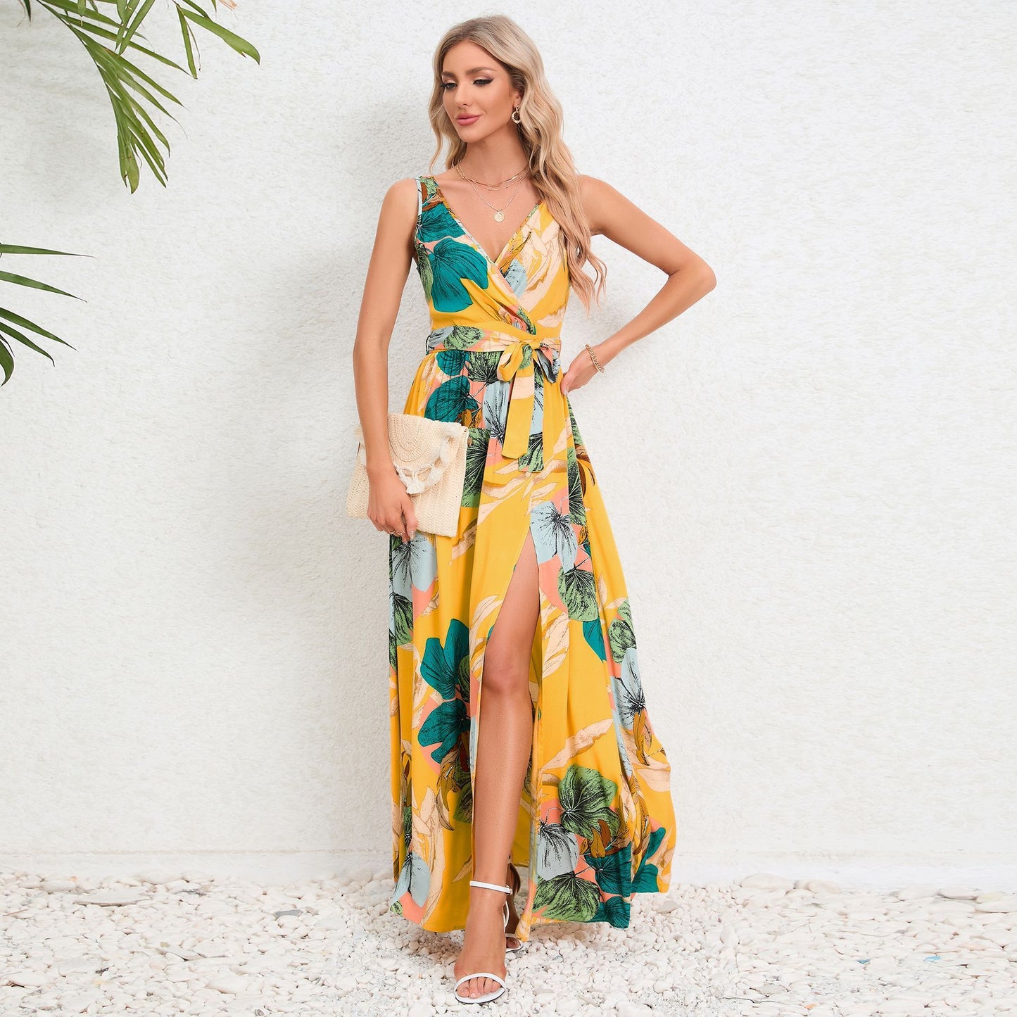 Robe longue à imprimé floral et col en V, mode estivale, taille nouée, fente, sans manches, vêtements pour femmes