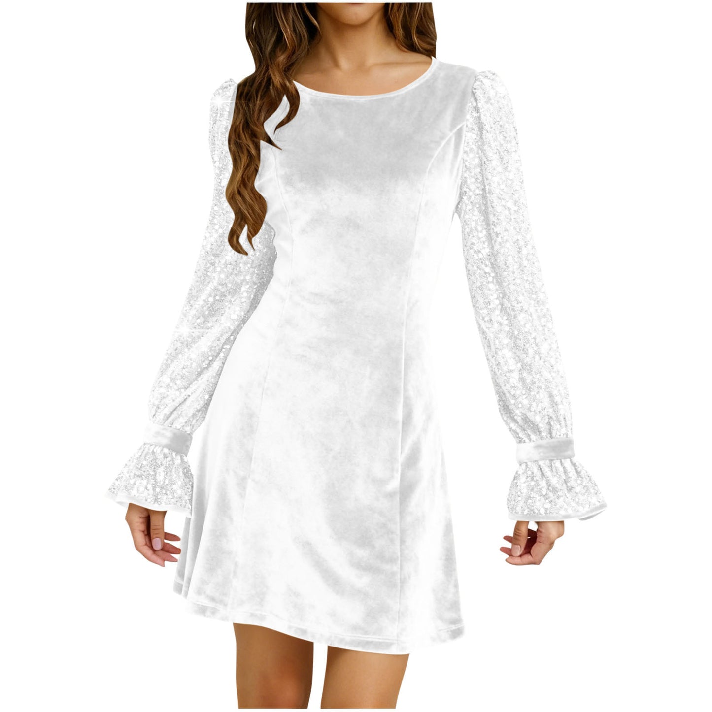 Solid-Color Crew-Neck Gold Velvet Sequin Long-Sleeve Dress