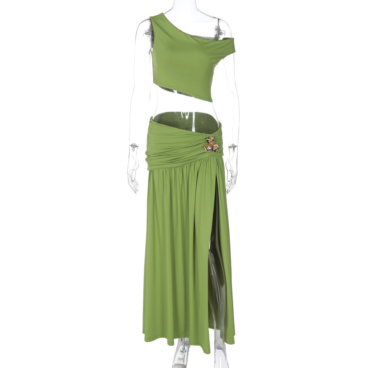 Sexy Navel Diagonal Collar Top Slim Fit Slit Skirt Suit