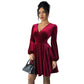 Retro Wine-red Velvet V-neck Dress With Lantern Sleeves