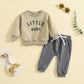 Round Neck Letter Printed Top Solid Color Pants Two Piece Set