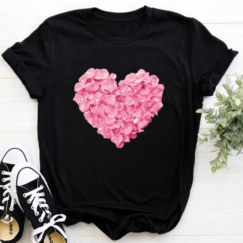 T-shirt décontracté et humoristique pour femme avec imprimé fleur en forme de cœur rose