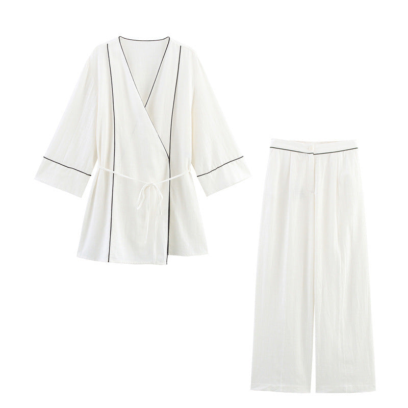 Rolled Double Breasted Coat Wide Leg Pants