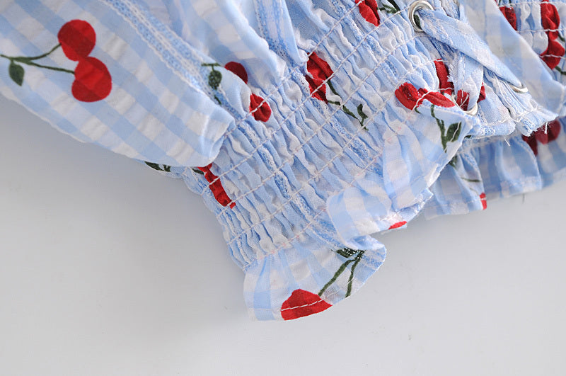 Women's Fashion Cherry Print Plaid Slim Top