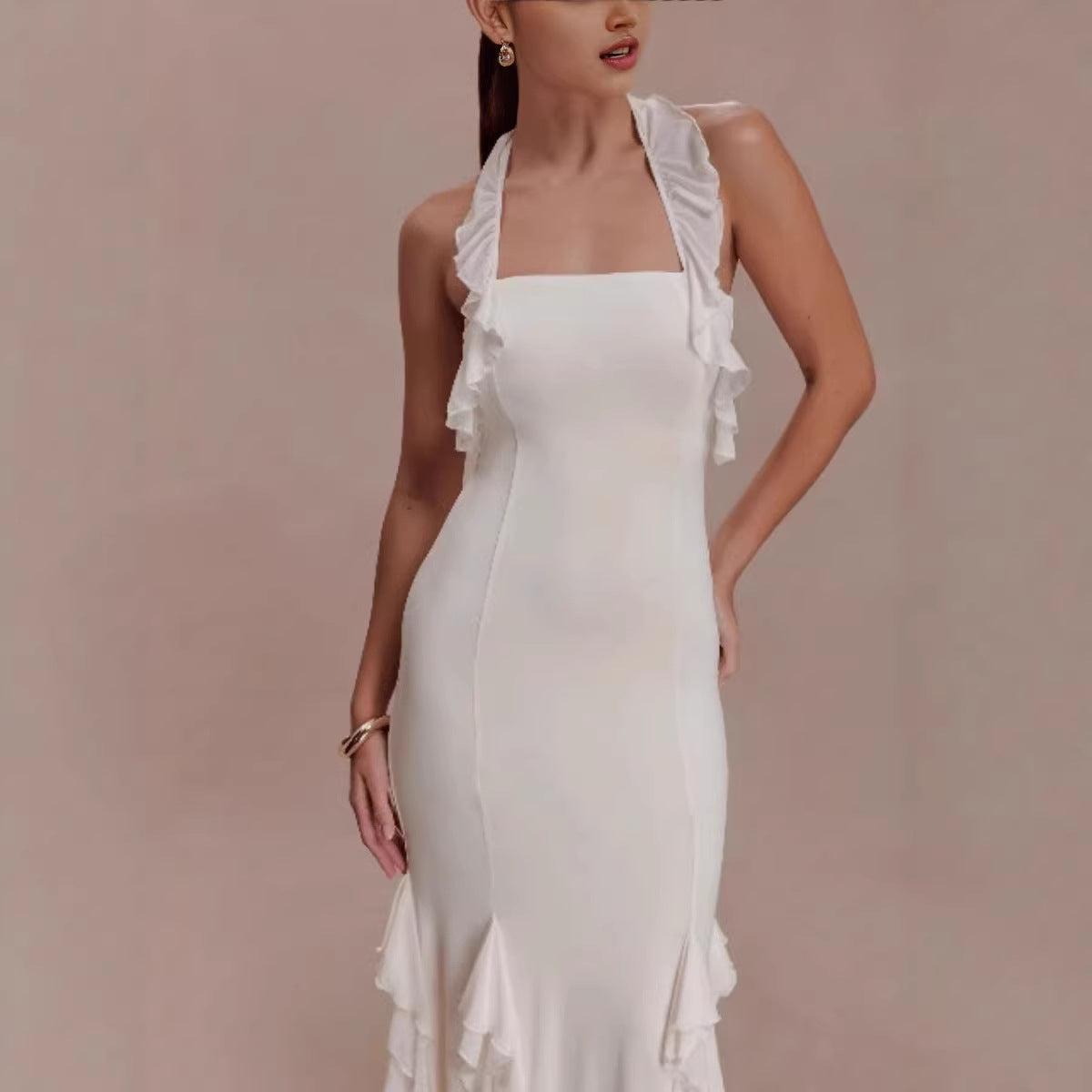 Fashionable Solid-Colored Halterneck Ruffled Sexy Backless Party Dress For Women