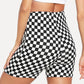Short de yoga moulant à imprimé d'échiquier noir et blanc transfrontalier européen et américain, short de sport taille haute sexy pour femmes