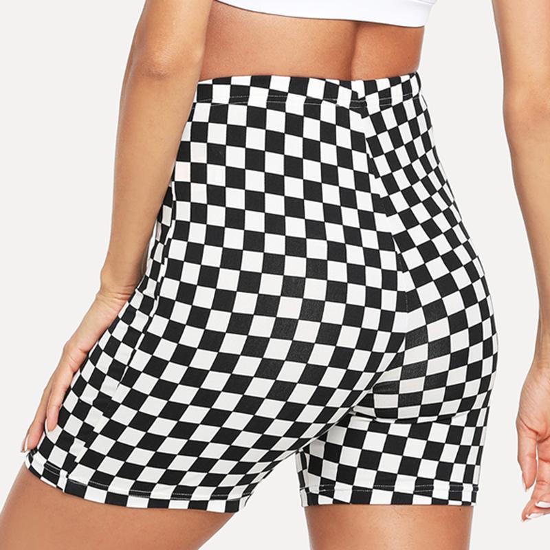 Short de yoga moulant à imprimé d'échiquier noir et blanc transfrontalier européen et américain, short de sport taille haute sexy pour femmes