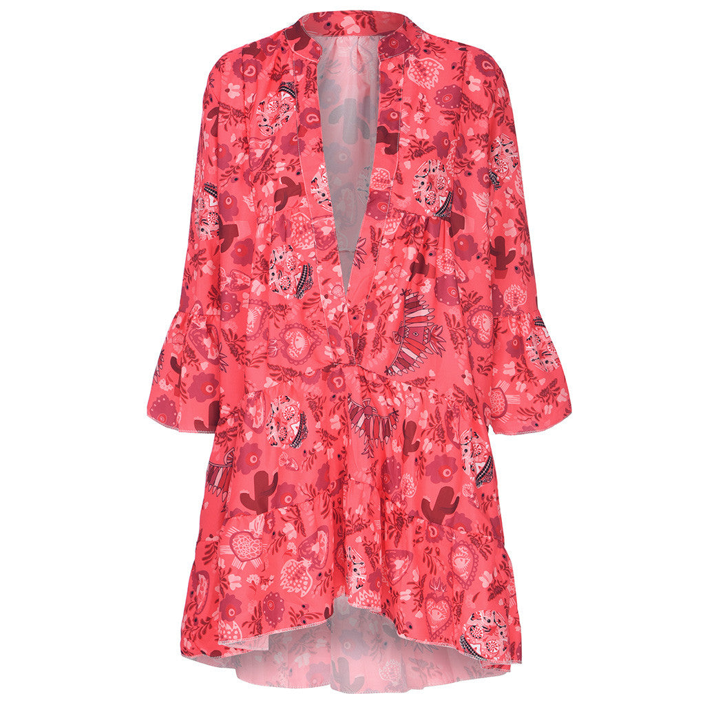 Women's printed button Ruffle shirt skirt