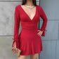 Valentine's Day Women's Solid-Color Deep V-Neck Long-Sleeve Drawstring Slim-Fit Dress