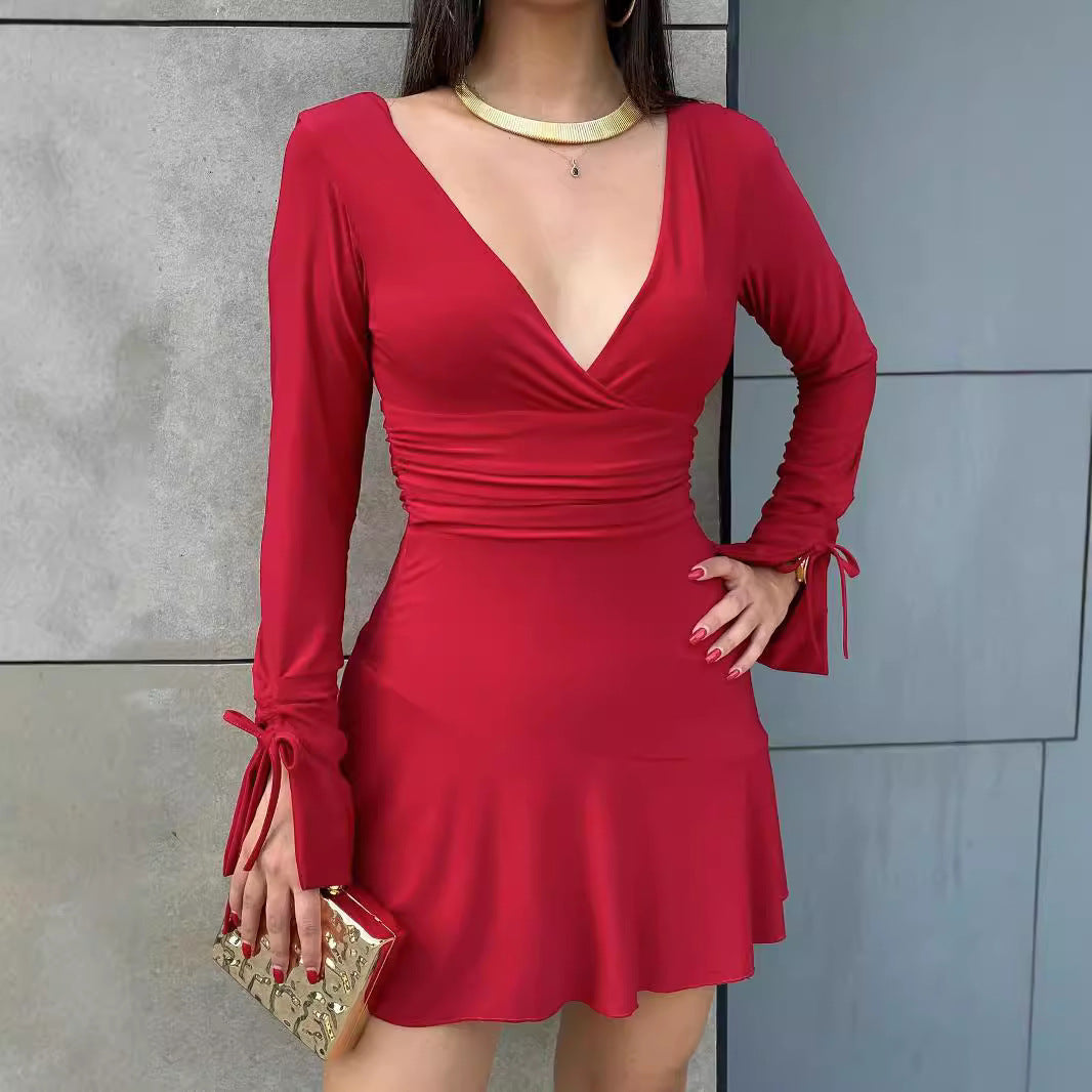 Valentine's Day Women's Solid-Color Deep V-Neck Long-Sleeve Drawstring Slim-Fit Dress