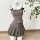 Women's Bow Plaid Contrast Color Slim Fit Slip Dress Suit