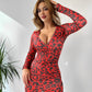 V-neck Skinny Print Long Sleeve Irregular Swing Dress