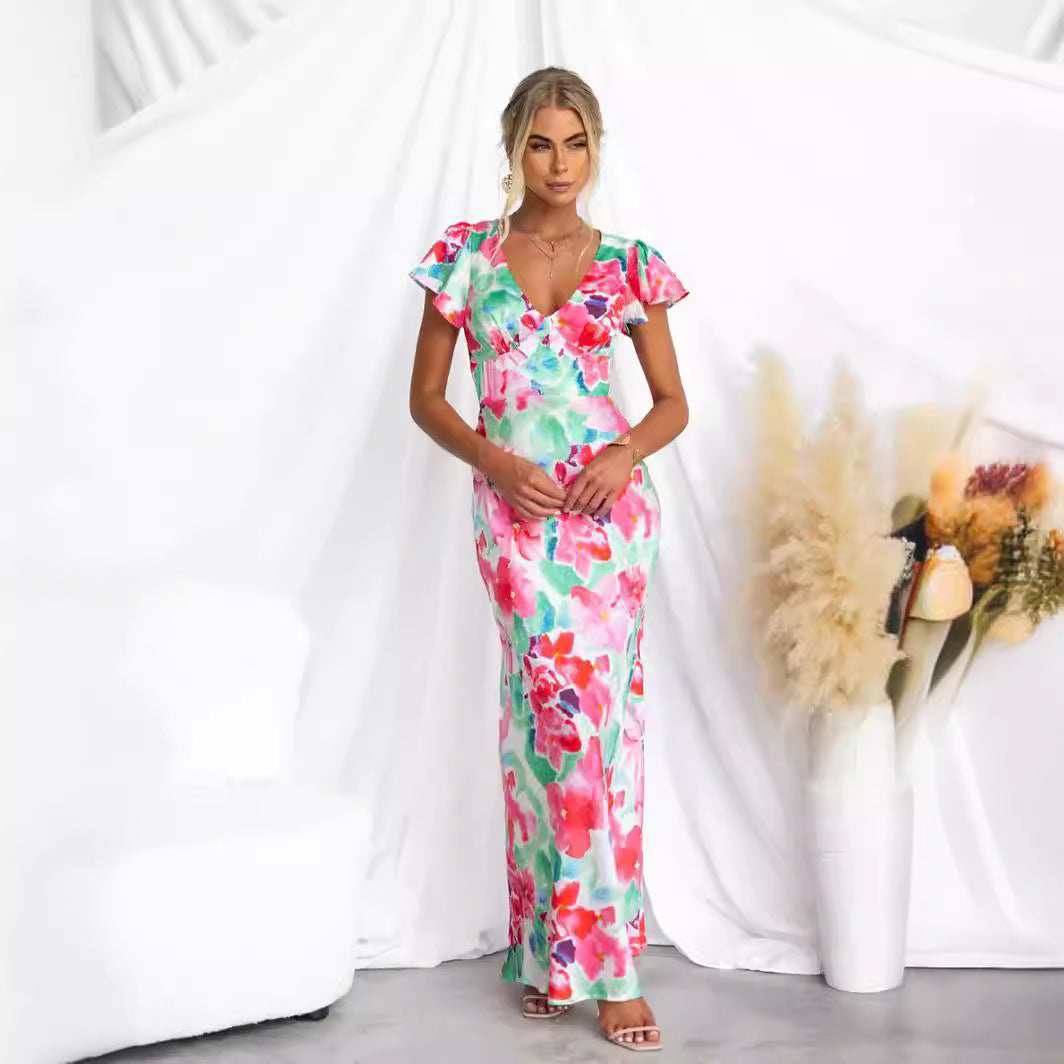 Robe mi-longue à volants et col en V fleuri