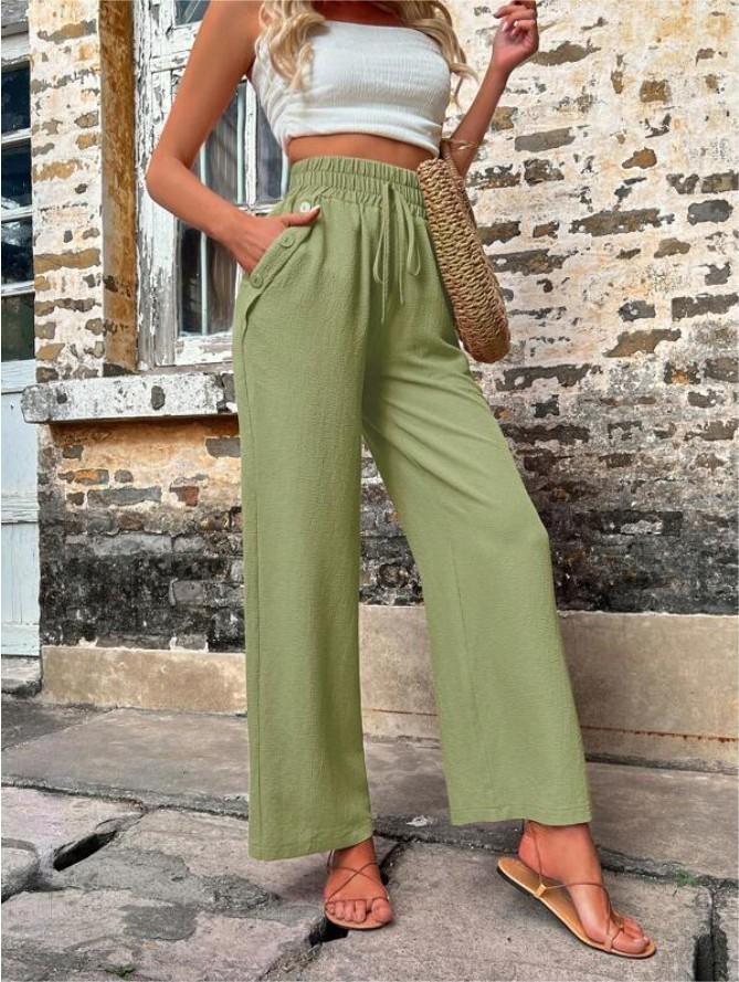 Pantalon décontracté avec poches et cordon élastique, taille haute, ample, pour femme