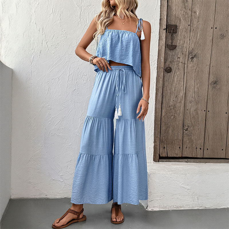 Strappy Top And Wide-leg Pants Textured Resort Set