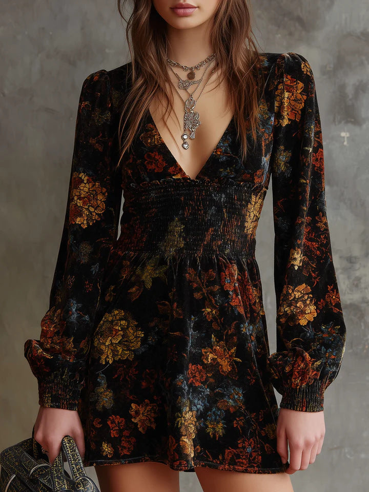 Elegant Floral Print V-Neck Velvet Dress