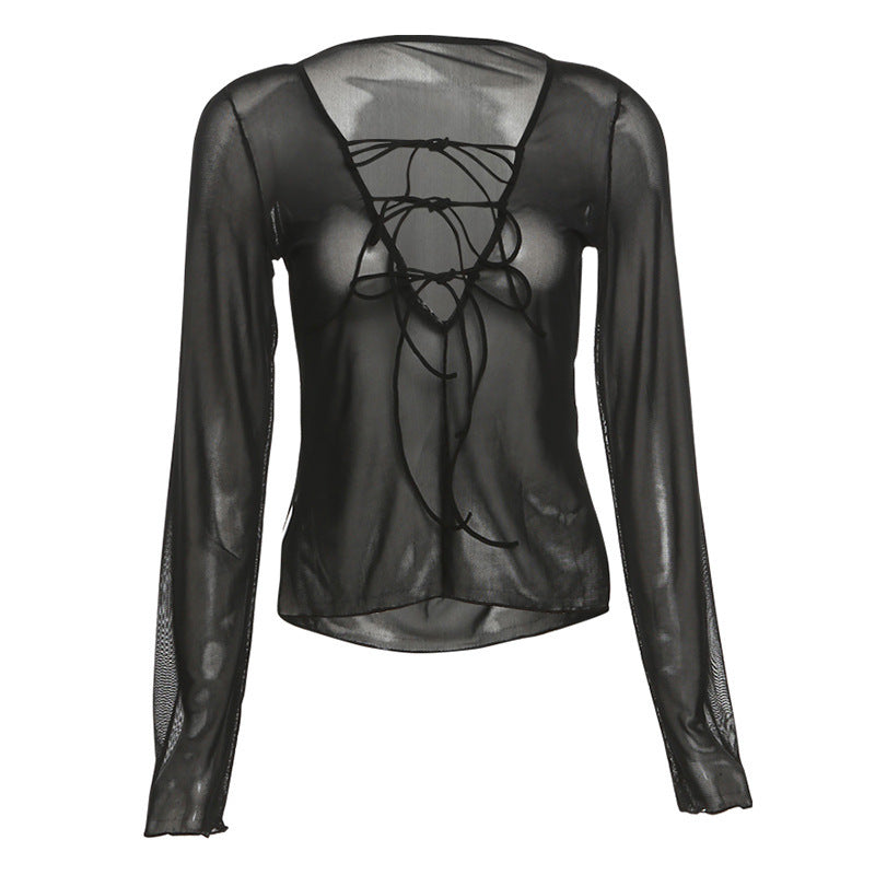 Women's Mesh Long Sleeve Halter Tie T-shirt