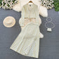 European And American-style Long-sleeve Deep V-neck Tie-up Top Two-piece Set